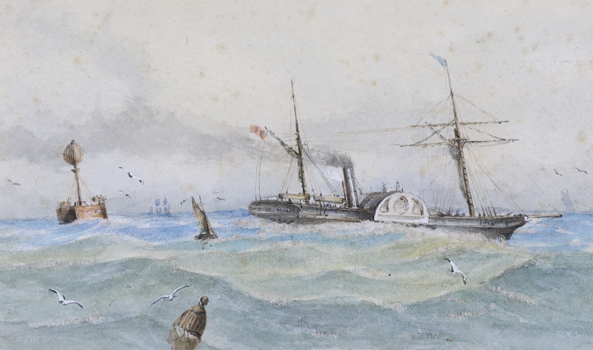 Mid 19th century, British Maritime interest, watercolour, Brigantine-rigged paddle steamship passing a light-vessel, monogrammed, details verso, 11.5 x 19cm